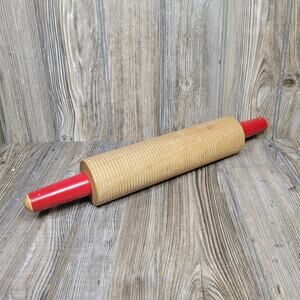 Vintage Wooden Rolling Pin, Red Handled Grooved, Lefse Flatbread Pastry, 16-1/2"